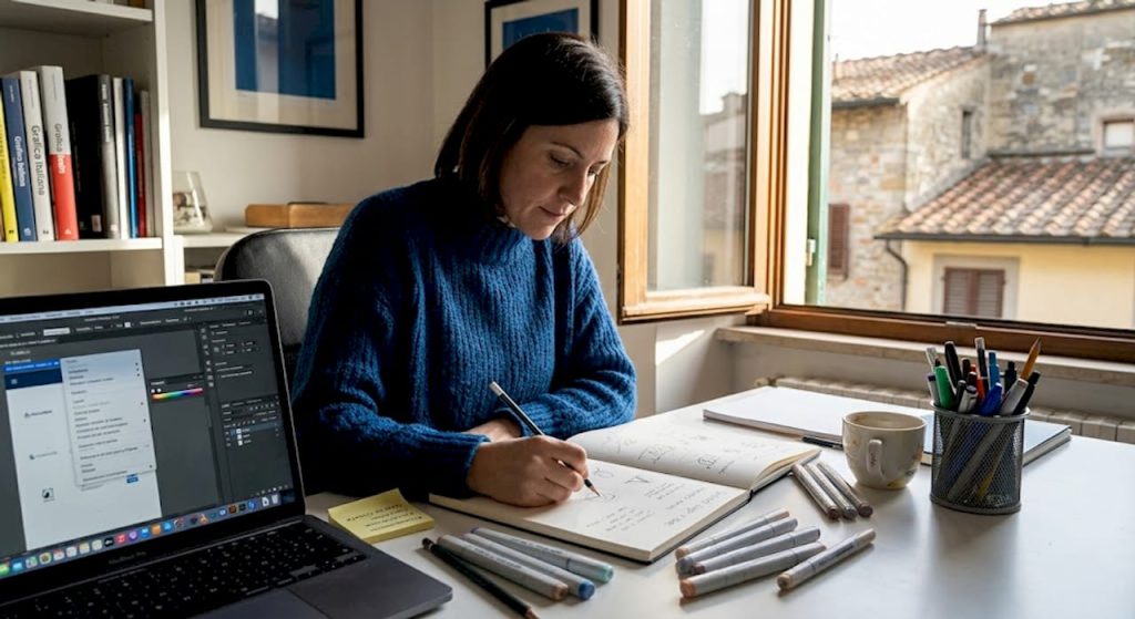 Un designer al lavoro nel suo studio domestico, mentre disegna a mano libera nuove idee per il brand.