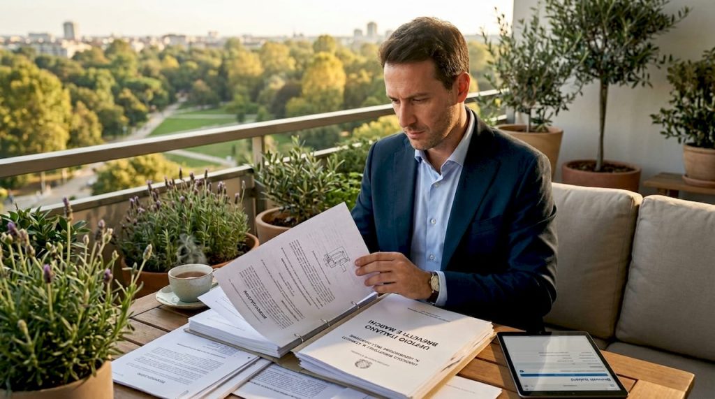 Un manager appone la sua firma sui documenti relativi a un brevetto nel proprio ufficio.
