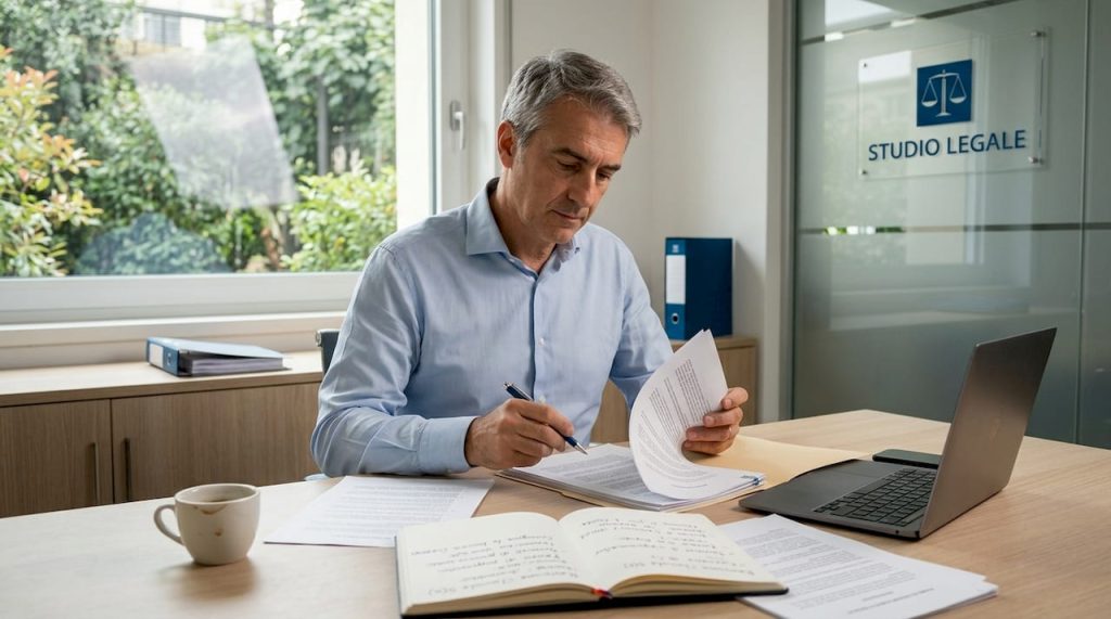 Avvocato esperto in diritto tecnologico concentrato sul lavoro alla propria scrivania