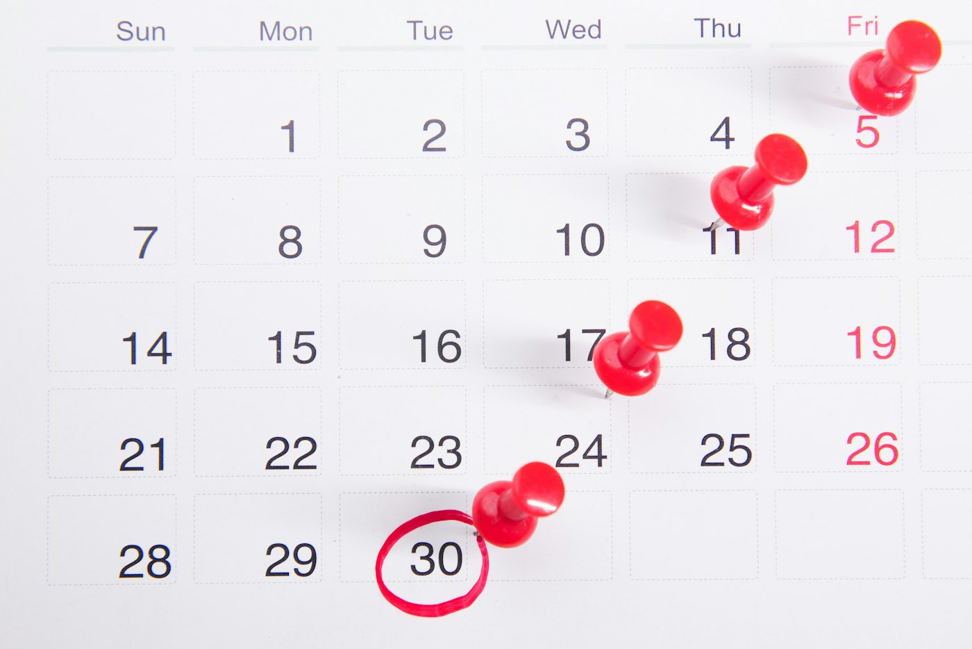 Calendario con puntine rosse per controllare una scadenza EUIPO